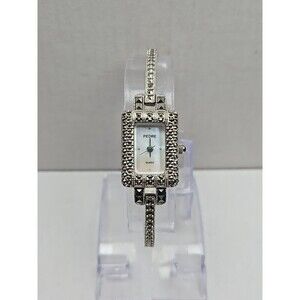 Pedre Marcasite Tank Bracelet Watch Quartz New Battery Silver Tone Vintage MOP